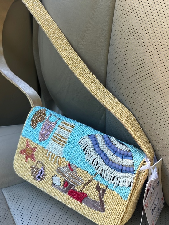 Handbags - Beaded Beach Scene Shoulder Bag in Yellow and Aqua